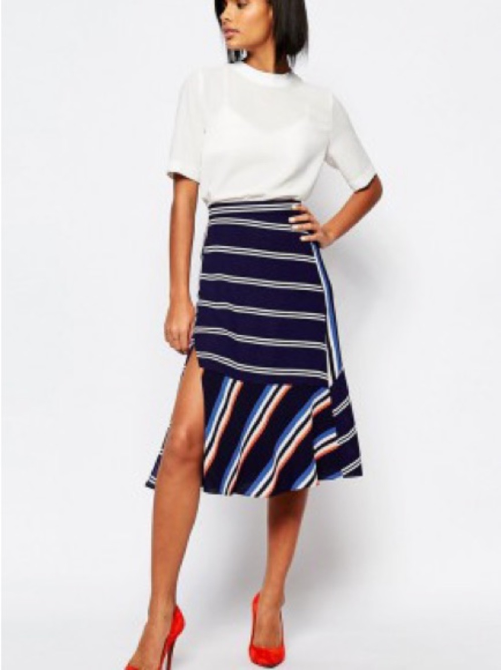 Whistles Navy Stripe Panel A-Line Skirt with Red, White and Blue Accents